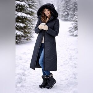 VTG Ralph Lauren Nylon Down Feather Faux Fur Hood Long Black Coat Medium‌‍‍‍ Y2K